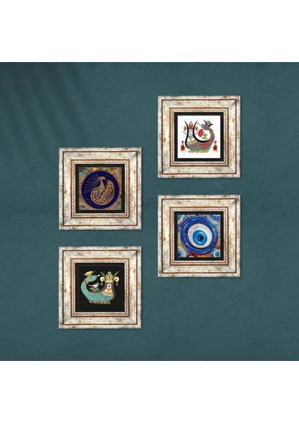 Stone Nazar, Tavus Kuşu, Şahmeran Çerçeveli Taş Duvar Tablosu 4’lü Set - Dekoratif Modern Sanat, Ev ve Ofis Dekoru |TK4-1529| fırsatları