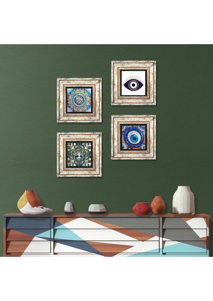 Nazar, Hayat Ağacı, Mandala Taş Duvar Tablosu Çerçeveli Duvar Dekoru 4 Parça Tablo Seti Wall Art T4-1658