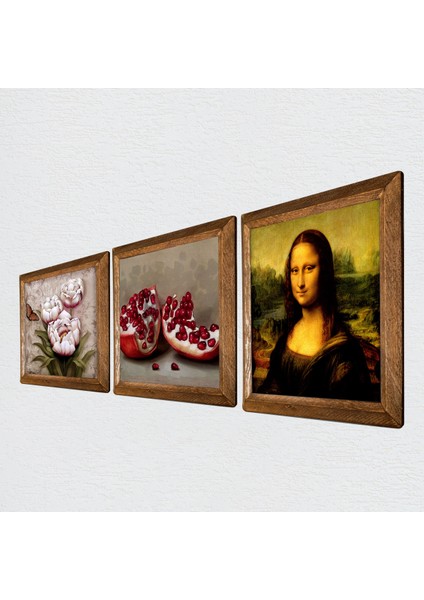 Leonardo da Vinci Mona Lisa, Kelebekli Çiçek, Nar Ahşap Çerçeveli Taş Duvar Tablosu 3’lü Set – 25x25 cm Dekoratif Modern Sanat – Ev ve Ofis Dekoru |W3-1206| fiyatları