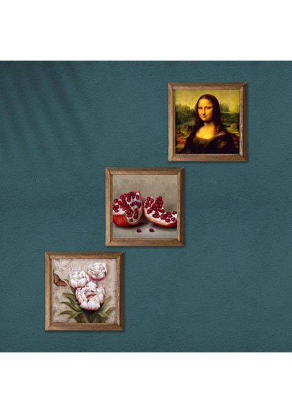 Leonardo da Vinci Mona Lisa, Kelebekli Çiçek, Nar Ahşap Çerçeveli Taş Duvar Tablosu 3’lü Set – 25x25 cm Dekoratif Modern Sanat – Ev ve Ofis Dekoru |W3-1206| modelleri