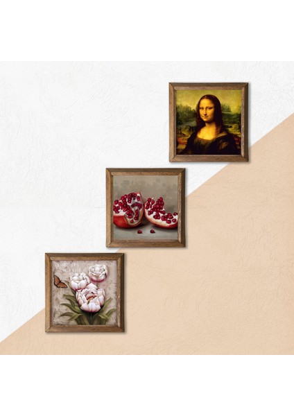 Leonardo da Vinci Mona Lisa, Kelebekli Çiçek, Nar Ahşap Çerçeveli Taş Duvar Tablosu 3’lü Set – 25x25 cm Dekoratif Modern Sanat – Ev ve Ofis Dekoru |W3-1206| indirimleri