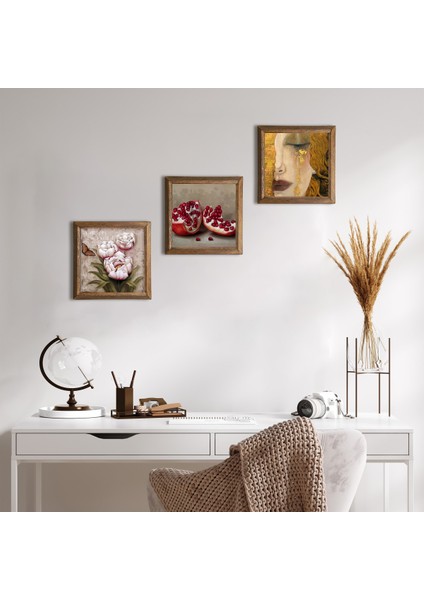 Gustav Klimt Altın Gözyaşları, Kelebekli Çiçek, Nar Taş Duvar Tablosu Ahşap Çerçeveli Duvar Dekoru 3 Parça Tablo Seti Wall Art W3-1213