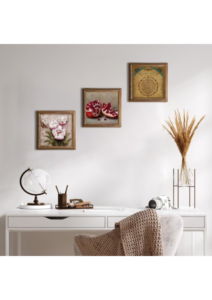 Bereket Duası, Kelebekli Çiçek, Nar Taş Duvar Tablosu Ahşap Çerçeveli Duvar Dekoru 3 Parça Tablo Seti Wall Art W3-1229