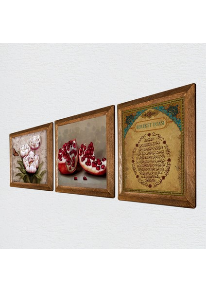 Bereket Duası, Kelebekli Çiçek, Nar Taş Duvar Tablosu Ahşap Çerçeveli Duvar Dekoru 3 Parça Tablo Seti Wall Art W3-1229