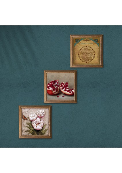 Bereket Duası, Kelebekli Çiçek, Nar Taş Duvar Tablosu Ahşap Çerçeveli Duvar Dekoru 3 Parça Tablo Seti Wall Art W3-1229