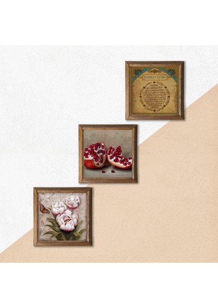 Bereket Duası, Kelebekli Çiçek, Nar Taş Duvar Tablosu Ahşap Çerçeveli Duvar Dekoru 3 Parça Tablo Seti Wall Art W3-1229