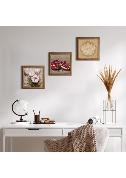 Lotus Çiçeği, Kelebekli Çiçek, Nar Ahşap Çerçeveli Taş Duvar Tablosu 3’lü Set – 25x25 cm Dekoratif Modern Sanat – Ev ve Ofis Dekoru |W3-1243|