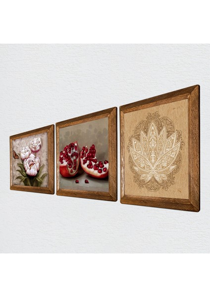 Lotus Çiçeği, Kelebekli Çiçek, Nar Ahşap Çerçeveli Taş Duvar Tablosu 3’lü Set – 25x25 cm Dekoratif Modern Sanat – Ev ve Ofis Dekoru |W3-1243| fiyatları