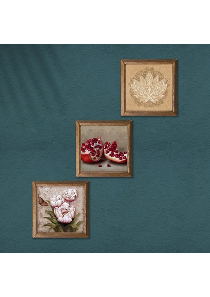 Lotus Çiçeği, Kelebekli Çiçek, Nar Ahşap Çerçeveli Taş Duvar Tablosu 3’lü Set – 25x25 cm Dekoratif Modern Sanat – Ev ve Ofis Dekoru |W3-1243| modelleri