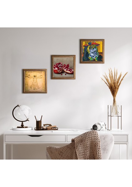 Picasso Ağlayan Kadın, Da Vinci Vitruvius Adamı, Nar Taş Duvar Tablosu Ahşap Çerçeveli Duvar Dekoru 3 Parça Tablo Seti Wall Art W3-1396