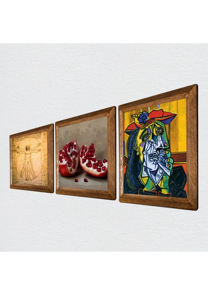 Picasso Ağlayan Kadın, Da Vinci Vitruvius Adamı, Nar Taş Duvar Tablosu Ahşap Çerçeveli Duvar Dekoru 3 Parça Tablo Seti Wall Art W3-1396 fiyatları