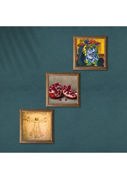 Picasso Ağlayan Kadın, Da Vinci Vitruvius Adamı, Nar Taş Duvar Tablosu Ahşap Çerçeveli Duvar Dekoru 3 Parça Tablo Seti Wall Art W3-1396 modelleri