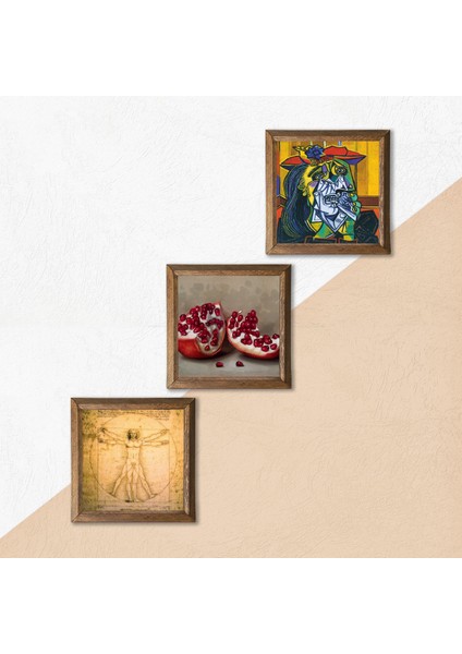 Picasso Ağlayan Kadın, Da Vinci Vitruvius Adamı, Nar Taş Duvar Tablosu Ahşap Çerçeveli Duvar Dekoru 3 Parça Tablo Seti Wall Art W3-1396 indirimleri