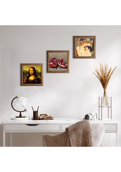 Gustav Klimt Anne Çocuk, Leonardo da Vinci Mona Lisa, Nar Ahşap Çerçeveli Taş Duvar Tablosu 3’lü Set – 25x25 cm Dekoratif Modern Sanat – Ev ve Ofis Dekoru |W3-1407|