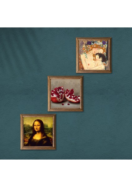 Gustav Klimt Anne Çocuk, Leonardo da Vinci Mona Lisa, Nar Ahşap Çerçeveli Taş Duvar Tablosu 3’lü Set – 25x25 cm Dekoratif Modern Sanat – Ev ve Ofis Dekoru |W3-1407| modelleri