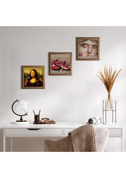 Çingene Kızı Mozaiği, Leonardo da Vinci Mona Lisa, Nar Ahşap Çerçeveli Taş Duvar Tablosu 3’lü Set – 25x25 cm Dekoratif Modern Sanat – Ev ve Ofis Dekoru |W3-1412|