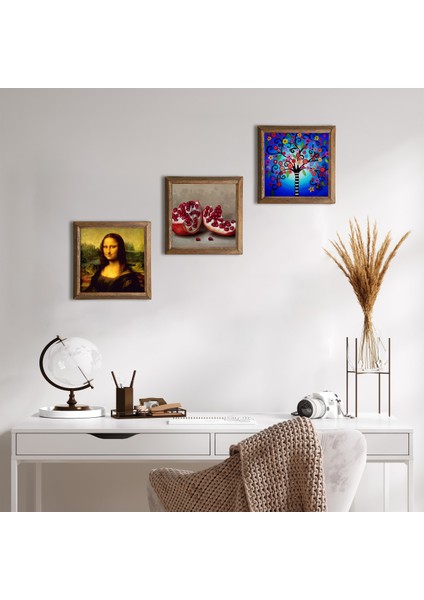 Hayat Ağacı, Leonardo da Vinci Mona Lisa, Nar Ahşap Çerçeveli Taş Duvar Tablosu 3’lü Set – 25x25 cm Dekoratif Modern Sanat – Ev ve Ofis Dekoru |W3-1418|