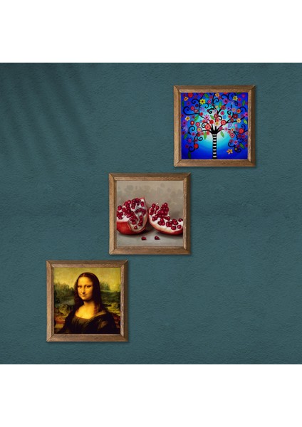 Hayat Ağacı, Leonardo da Vinci Mona Lisa, Nar Ahşap Çerçeveli Taş Duvar Tablosu 3’lü Set – 25x25 cm Dekoratif Modern Sanat – Ev ve Ofis Dekoru |W3-1418| modelleri