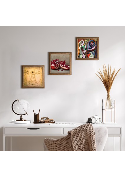 Picasso, Da Vinci, Nar Taş Duvar Tablosu Ahşap Çerçeveli Duvar Dekoru 3 Parça Tablo Seti Wall Art W3-1397