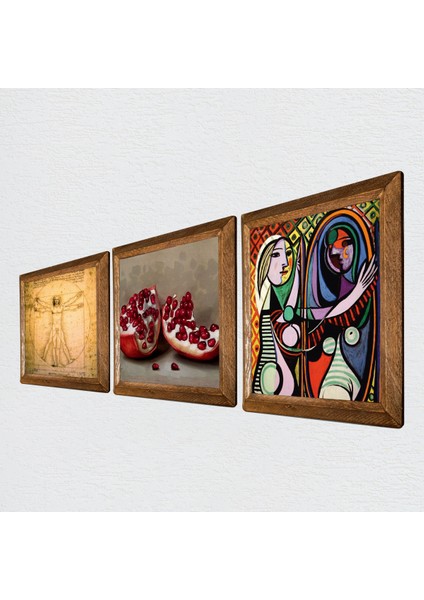Picasso, Da Vinci, Nar Taş Duvar Tablosu Ahşap Çerçeveli Duvar Dekoru 3 Parça Tablo Seti Wall Art W3-1397