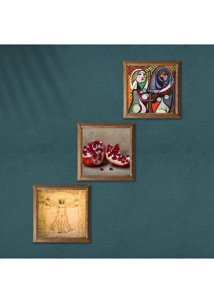 Picasso, Da Vinci, Nar Taş Duvar Tablosu Ahşap Çerçeveli Duvar Dekoru 3 Parça Tablo Seti Wall Art W3-1397