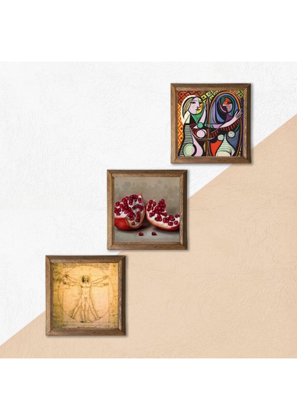 Picasso, Da Vinci, Nar Taş Duvar Tablosu Ahşap Çerçeveli Duvar Dekoru 3 Parça Tablo Seti Wall Art W3-1397