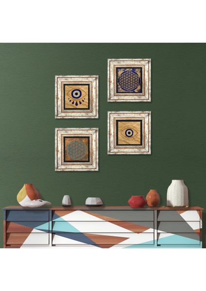 Stone Nazar, Yaşam Çiçeği Çerçeveli Taş Duvar Tablosu 4’lü Set - Dekoratif Modern Sanat, Ev ve Ofis Dekoru |TK4-1489|
