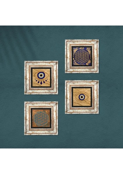 Stone Nazar, Yaşam Çiçeği Çerçeveli Taş Duvar Tablosu 4’lü Set - Dekoratif Modern Sanat, Ev ve Ofis Dekoru |TK4-1489| fırsatları