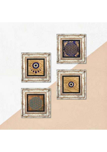 Stone Nazar, Yaşam Çiçeği Çerçeveli Taş Duvar Tablosu 4’lü Set - Dekoratif Modern Sanat, Ev ve Ofis Dekoru |TK4-1489| indirimleri