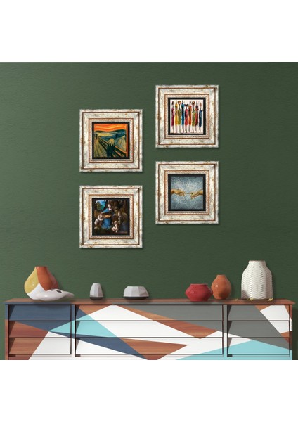 Stone Leonardo da Vinci, Michelangelo, Çığlık, Yerli Kadınlar Çerçeveli Taş Duvar Tablosu 4’lü Set - Dekoratif Modern Sanat, Ev ve Ofis Dekoru |TK4-1687|