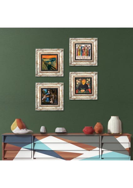 Van Gogh, Leonardo da Vinci, Çığlık, Yerli Kadınlar Taş Duvar Tablosu Çerçeveli Duvar Dekoru 4 Parça Tablo Seti Wall Art T4-1696