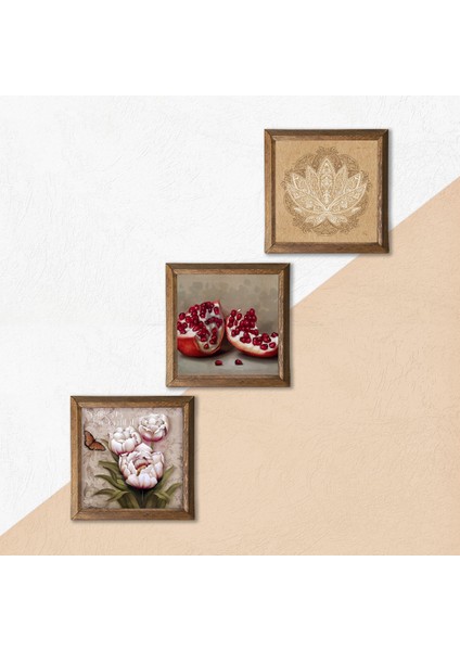 Lotus Çiçeği, Kelebekli Çiçek, Nar Ahşap Çerçeveli Taş Duvar Tablosu 3’lü Set – 25x25 cm Dekoratif Modern Sanat – Ev ve Ofis Dekoru |W3-1243| indirimleri