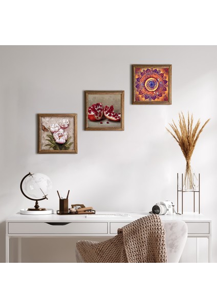 Mandala, Kelebekli Çiçek, Nar Taş Duvar Tablosu Ahşap Çerçeveli Duvar Dekoru 3 Parça Tablo Seti Wall Art W3-1257