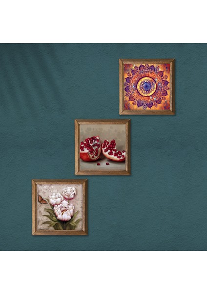 Mandala, Kelebekli Çiçek, Nar Taş Duvar Tablosu Ahşap Çerçeveli Duvar Dekoru 3 Parça Tablo Seti Wall Art W3-1257 modelleri
