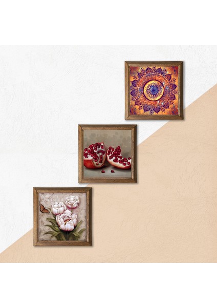 Mandala, Kelebekli Çiçek, Nar Taş Duvar Tablosu Ahşap Çerçeveli Duvar Dekoru 3 Parça Tablo Seti Wall Art W3-1257 indirimleri