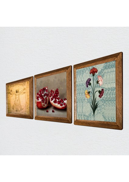 Ebru Sanatı, Leonardo da Vinci Vitruvius Adamı, Nar Taş Duvar Tablosu Ahşap Çerçeveli Duvar Dekoru 3 Parça Tablo Seti Wall Art W3-1388 fiyatları
