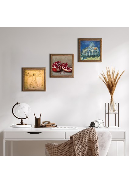 Van Gogh Kilise, Leonardo da Vinci Vitruvius Adamı, Nar Taş Duvar Tablosu Ahşap Çerçeveli Duvar Dekoru 3 Parça Tablo Seti Wall Art W3-1393