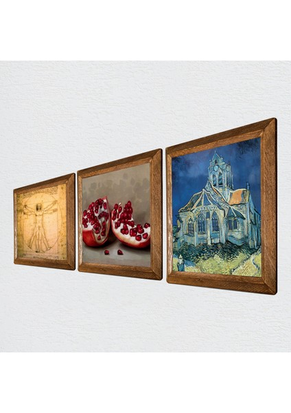 Van Gogh Kilise, Leonardo da Vinci Vitruvius Adamı, Nar Taş Duvar Tablosu Ahşap Çerçeveli Duvar Dekoru 3 Parça Tablo Seti Wall Art W3-1393
