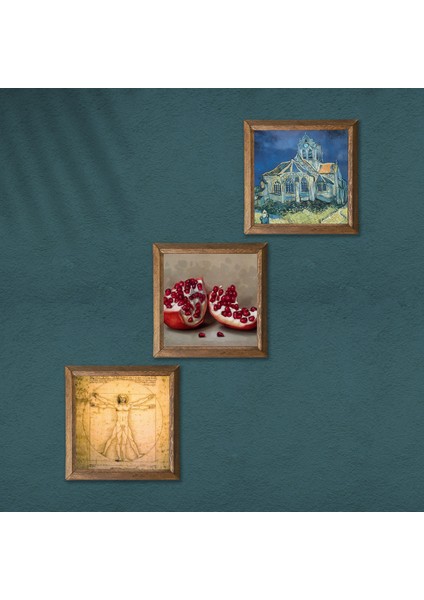 Van Gogh Kilise, Leonardo da Vinci Vitruvius Adamı, Nar Taş Duvar Tablosu Ahşap Çerçeveli Duvar Dekoru 3 Parça Tablo Seti Wall Art W3-1393