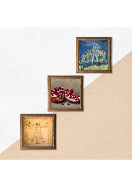 Van Gogh Kilise, Leonardo da Vinci Vitruvius Adamı, Nar Taş Duvar Tablosu Ahşap Çerçeveli Duvar Dekoru 3 Parça Tablo Seti Wall Art W3-1393