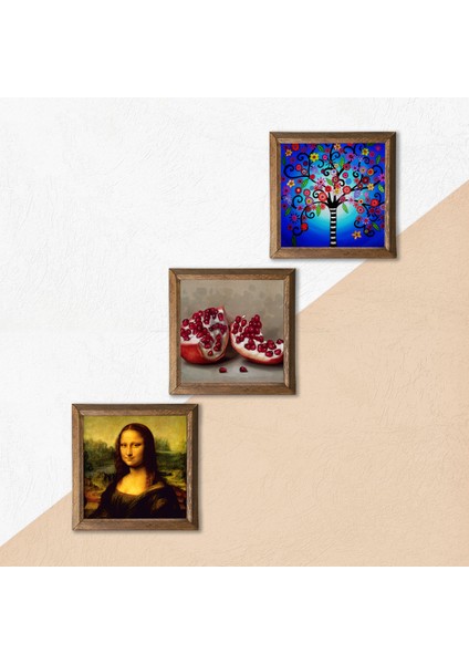 Hayat Ağacı, Leonardo da Vinci Mona Lisa, Nar Ahşap Çerçeveli Taş Duvar Tablosu 3’lü Set – 25x25 cm Dekoratif Modern Sanat – Ev ve Ofis Dekoru |W3-1418| indirimleri