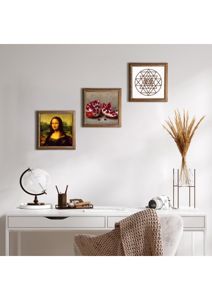 Sri Yantra, Leonardo da Vinci Mona Lisa, Nar Ahşap Çerçeveli Taş Duvar Tablosu 3’lü Set – 25x25 cm Dekoratif Modern Sanat – Ev ve Ofis Dekoru |W3-1423|