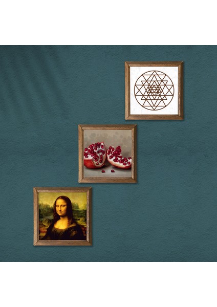 Sri Yantra, Leonardo da Vinci Mona Lisa, Nar Ahşap Çerçeveli Taş Duvar Tablosu 3’lü Set – 25x25 cm Dekoratif Modern Sanat – Ev ve Ofis Dekoru |W3-1423| modelleri