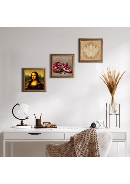 Lotus Çiçeği, Leonardo da Vinci Mona Lisa, Nar Ahşap Çerçeveli Taş Duvar Tablosu 3’lü Set – 25x25 cm Dekoratif Modern Sanat – Ev ve Ofis Dekoru |W3-1426|