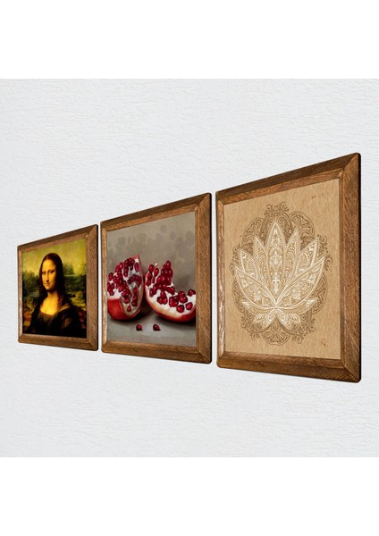 Lotus Çiçeği, Leonardo da Vinci Mona Lisa, Nar Ahşap Çerçeveli Taş Duvar Tablosu 3’lü Set – 25x25 cm Dekoratif Modern Sanat – Ev ve Ofis Dekoru |W3-1426| fiyatları
