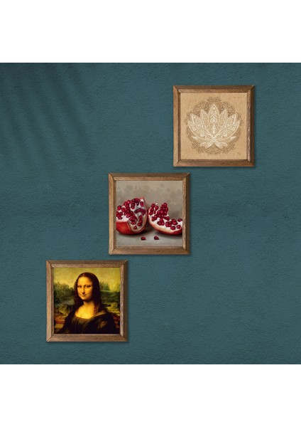 Lotus Çiçeği, Leonardo da Vinci Mona Lisa, Nar Ahşap Çerçeveli Taş Duvar Tablosu 3’lü Set – 25x25 cm Dekoratif Modern Sanat – Ev ve Ofis Dekoru |W3-1426| modelleri