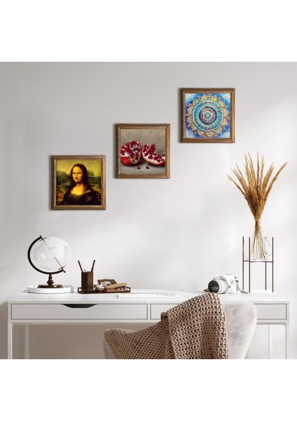Mandala, Leonardo da Vinci Mona Lisa, Nar Ahşap Çerçeveli Taş Duvar Tablosu 3’lü Set – 25x25 cm Dekoratif Modern Sanat – Ev ve Ofis Dekoru |W3-1435|