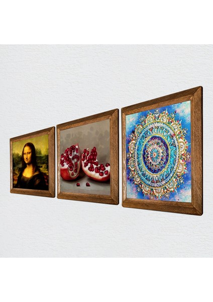 Mandala, Leonardo da Vinci Mona Lisa, Nar Ahşap Çerçeveli Taş Duvar Tablosu 3’lü Set – 25x25 cm Dekoratif Modern Sanat – Ev ve Ofis Dekoru |W3-1435| fiyatları