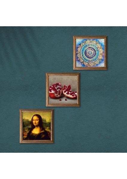Mandala, Leonardo da Vinci Mona Lisa, Nar Ahşap Çerçeveli Taş Duvar Tablosu 3’lü Set – 25x25 cm Dekoratif Modern Sanat – Ev ve Ofis Dekoru |W3-1435| modelleri