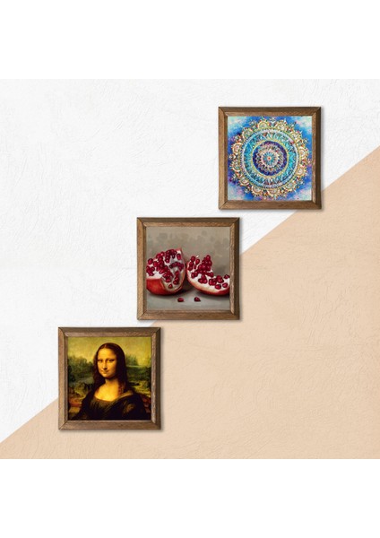 Mandala, Leonardo da Vinci Mona Lisa, Nar Ahşap Çerçeveli Taş Duvar Tablosu 3’lü Set – 25x25 cm Dekoratif Modern Sanat – Ev ve Ofis Dekoru |W3-1435| indirimleri